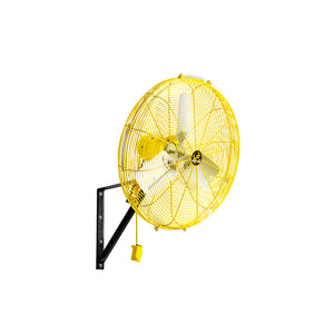 Yellow Jan Fan wall/ceiling fan with a drop switch cord on a white background