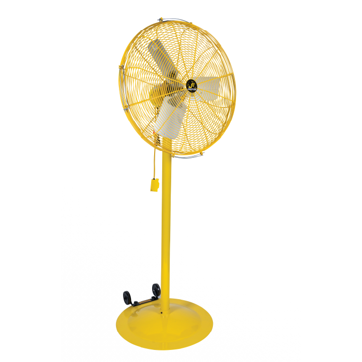 Yellow Jan Fan Pedestal Fan with wheel kit on a white background