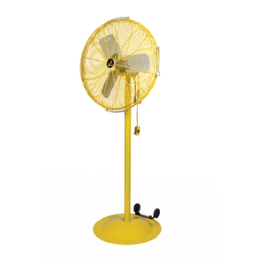 Side view of Yellow Jan Fan Pedestal Fan with wheel kit and drop cord switch on a white background