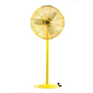 Front view of Yellow Jan Fan Pedestal Fan with wheel kit on a white background