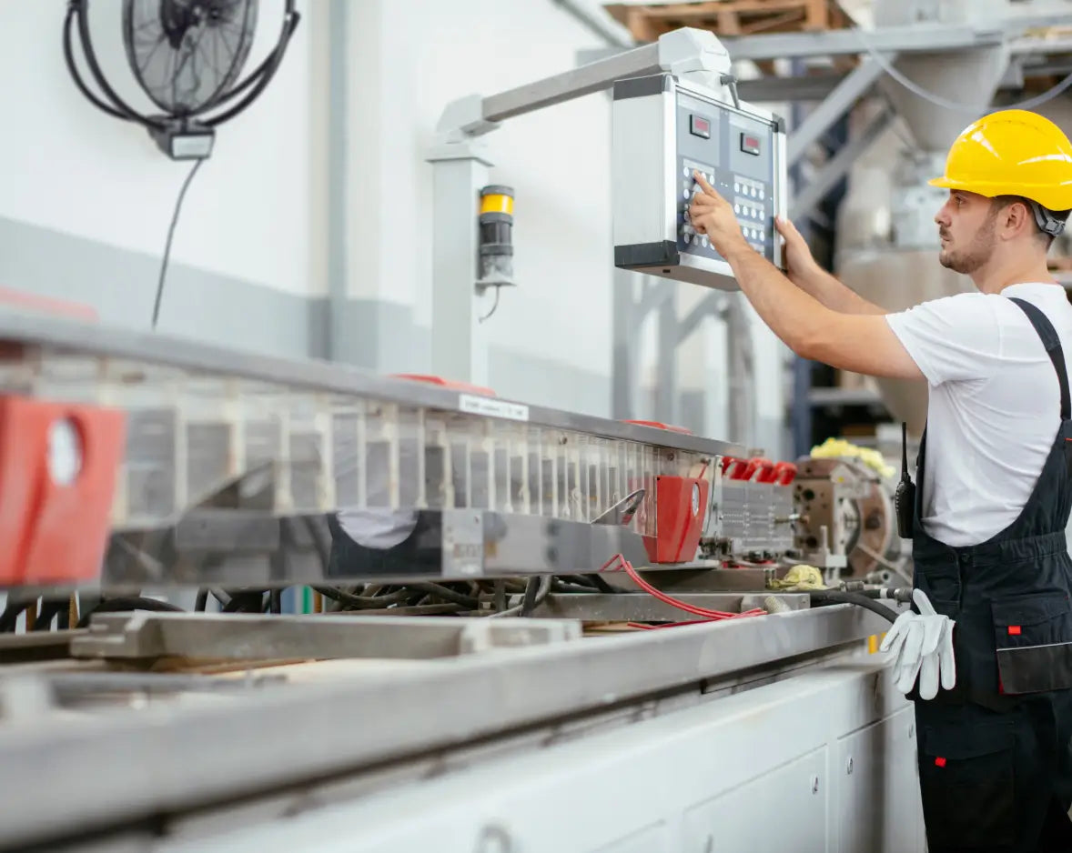 A factory worker wearing a yellow hard hat, working on a machine with a wall fan pointed at him.