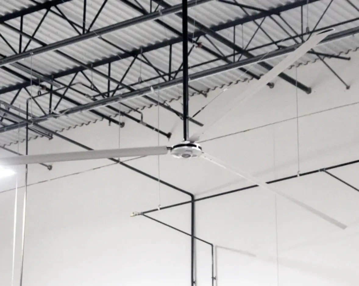 Hunter Industrial HVLS fan installed in clean light industrial facility
